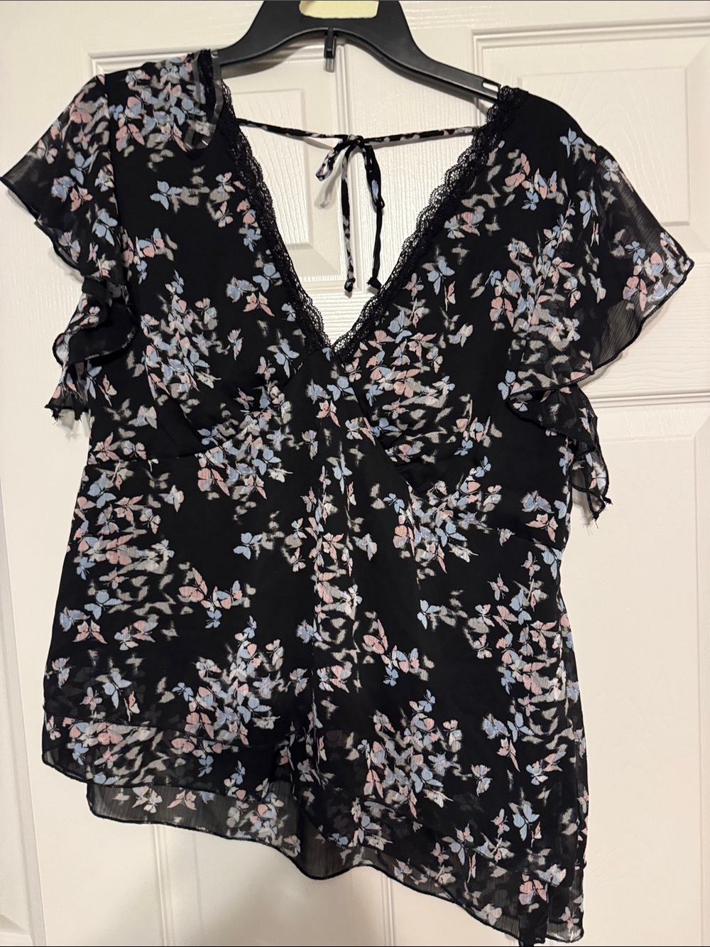 Black Floral V-Neck Flutter Sleeve Top